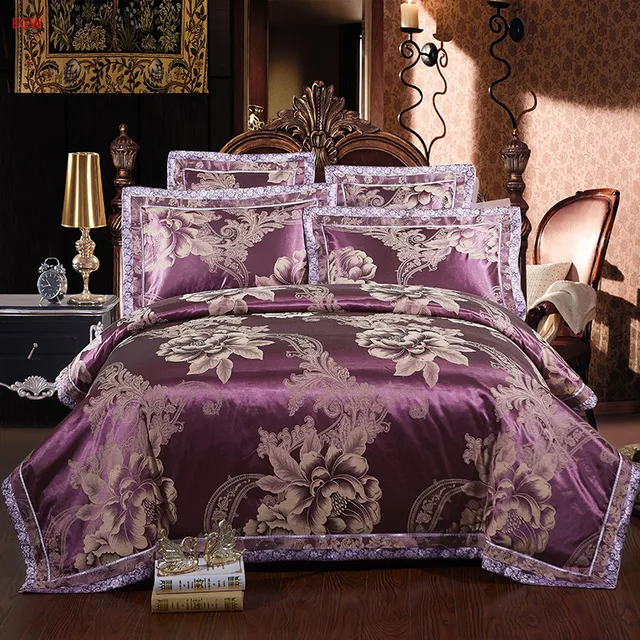 Luxury Satin Jacquard Bedding Set 100 Cotton Purple Flower Duvet Luxury Satin Jacquard Bedding Set 100 Cotton Purple Flower Duvet Cover Blue Bed Sheet Queen