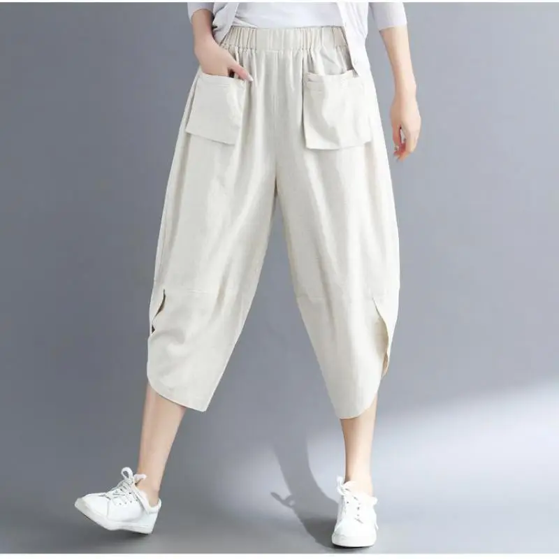 

Johnature 2019 Summer New Cotton And Linen Wide Leg Pants Casual Loose Elastic Waist Plus Size Comfortable Women Harem Pants