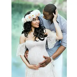 Женские цветочные кружево короткий рукав фотографии развевающиеся рукава с открытыми плечами длинное платье для беременных; Материнство