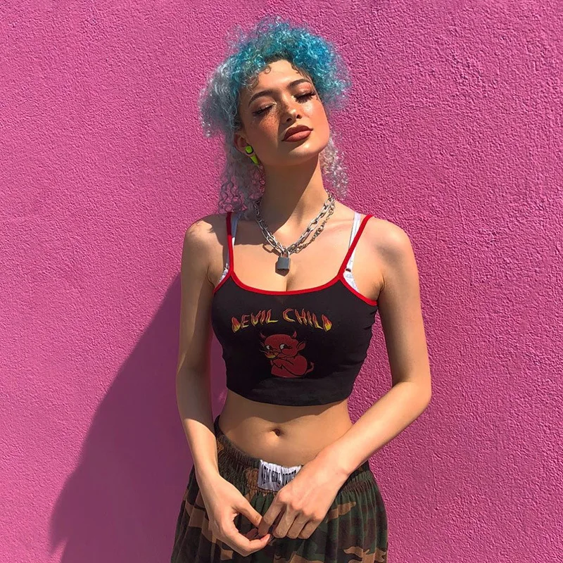 LVINMW Sexy Demon Print Spaghetti straps Patchwork Crop top 2019 Summer Women Backless Slim Camisole Top Female Streetwear Tops