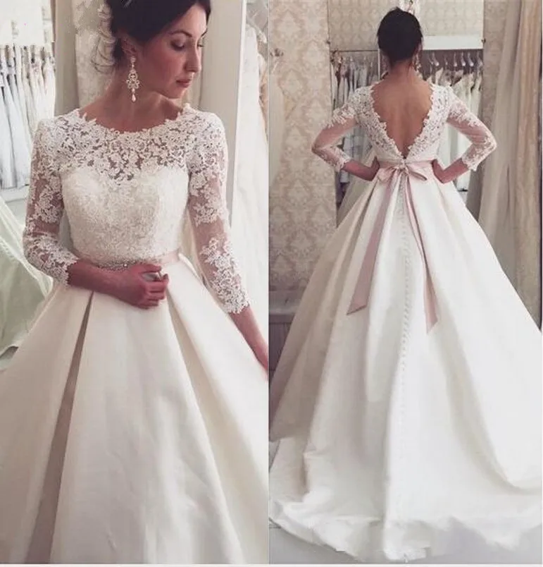 Fashion Beige Wedding Dresses 2017 O Neck 3 4 Sleeves Appliques