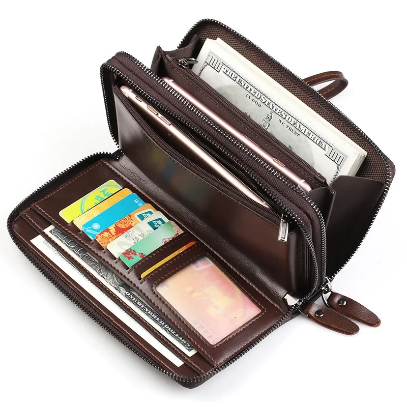 Длинный мужской кошелек с двойной молнией и карманом для монет, мужской кошелек, кошелек, повседневный деловой держатель для карт, винтажный большой кошелек, мужской клатч