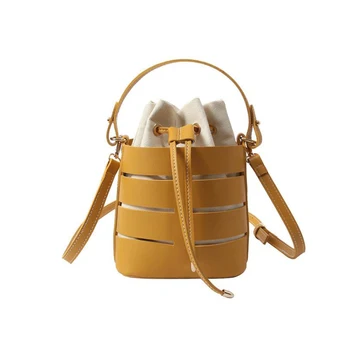 

Women Bucket Handbag PU Leather Hollow Out Fashion Korean Style String Closure Female Shoulder Bags Chic Small Tote Purse