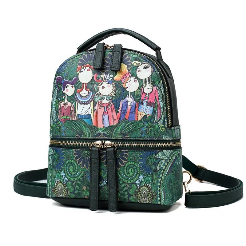 

2018 New Hot Sale Women Backpack Cartoon Printing PU Leather Shoulder Bag Brand Custom Forest Series Graffiti Green Backpack