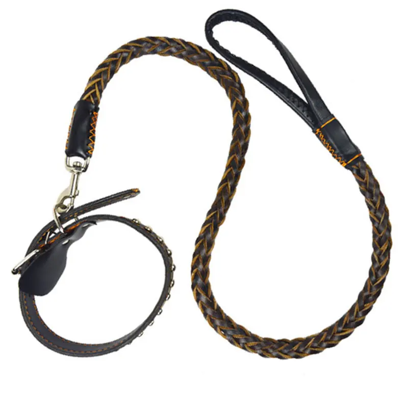 Quality Genuine Leather Large Dog Leashes Pet Traction Rope Collar Set