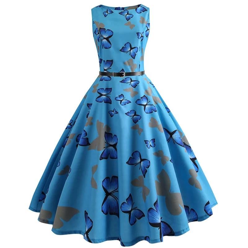 Женское повседневное платье в стиле ретро, синее винтажное платье миди с пышными складками-качели, приталенный силуэт на поясе, элегантная модель для будней и выходных, большие размеры, на лето - Цвет: 011