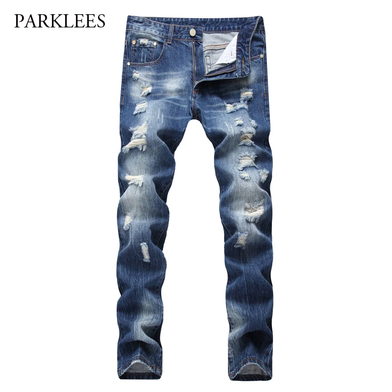 Pantalones vaqueros rasgados de marca para hombre 2017, pantalones vaqueros delgados de algodón lavados a la moda para pantalones vaqueros azules oscuros Hip Hop|jeans pants|jeans pant jeans hommes -