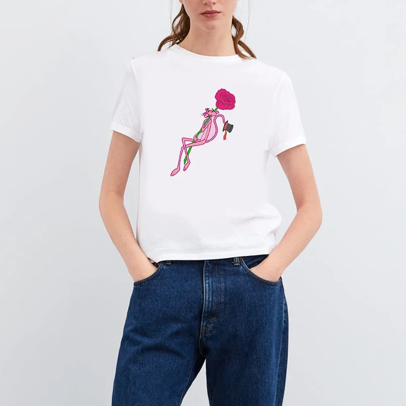 

90s Girls Keep Calm Lovely Pink Panther With Flowers Aesthetic Tops Camiseta Mujer Femme Vogue Harajuku T Shirt Women Streetwear