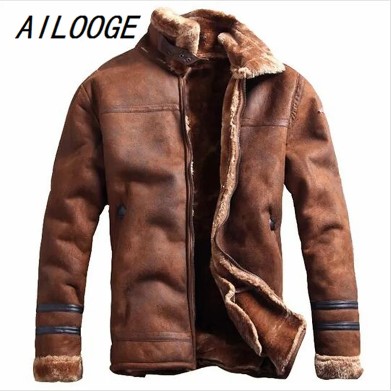 AILOOGE Russian Style Winter Warm Mens Fur Leather Jacket Casual