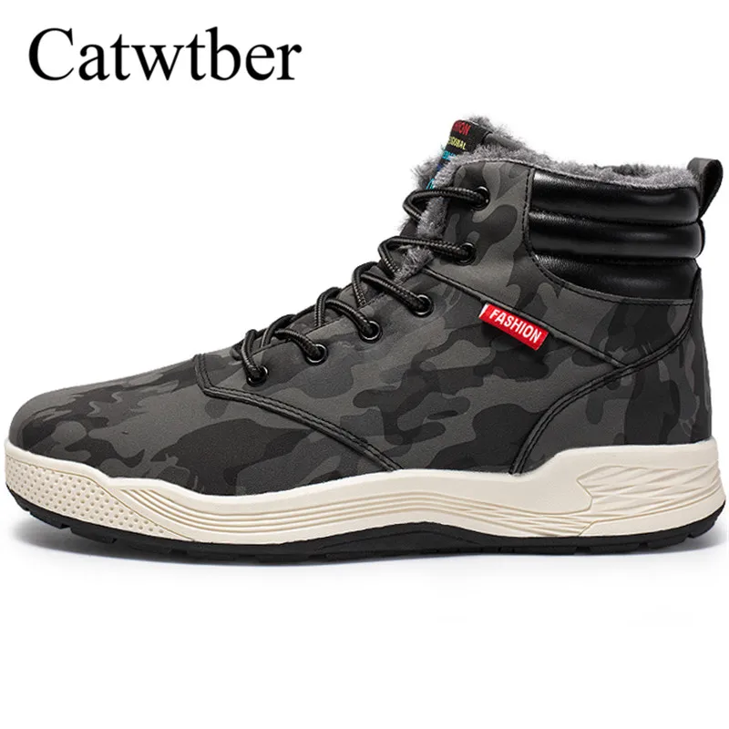 

Catwtber Camouflage Men Boots Working Tactical Boots Split Leather Ankle Snow Boots Shoes Warm Fur Plush Lace-up Winter Handmade