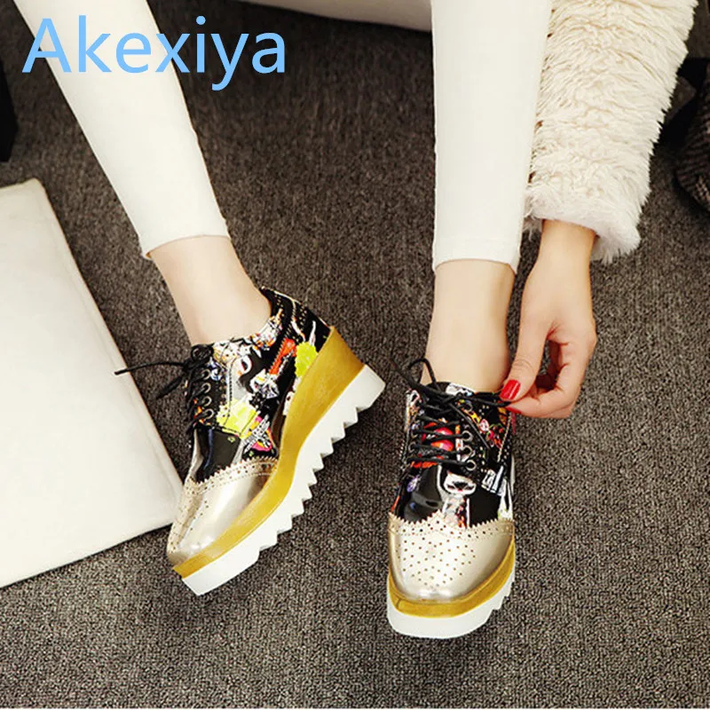 Akexiya 2017 New Women Shoes Muffin Heavy bottomed Creepers Platform Shoes Women Flats Lace Up Creepers