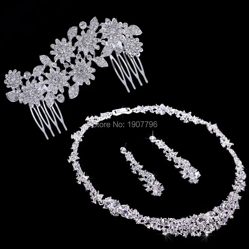 

Silver Crystal Wedding Bridal Bridesmaid Jewelry Sets Alloy Necklace Earrings Crown Jewelrys For Women Hot Sale