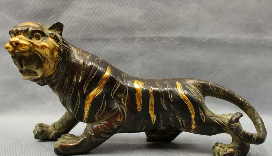 

S4381 12" Chinese Bronze Gilt FengShui Animals Sculpture Wild Fierce Run Tiger Statue D0317