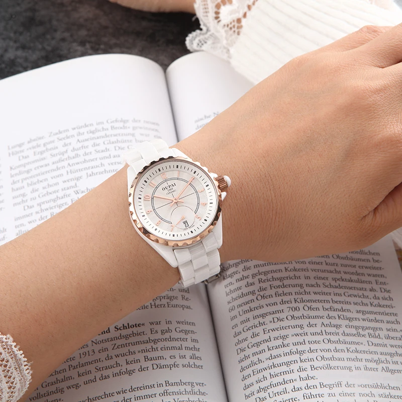 

OUPAI New Fashion Elegant White Ceramic Watch Women Waterproof Diamond Quiz Lady Watch with Calendar