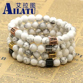 

Ailatu 10pcs/lot 8mm Natural White Howlite Marble Stone Beads with Rectangle Micro Paved Black Zircon CZ Beads Bracelet