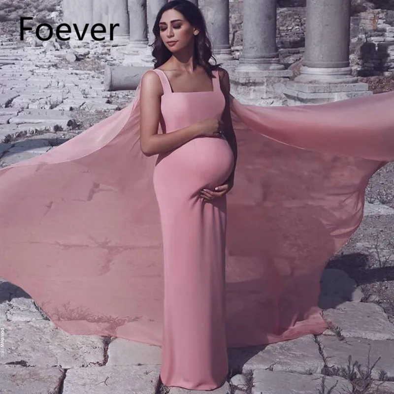 Simple Pink Maternity Evening Dresses with Long Cape Elegant Strap