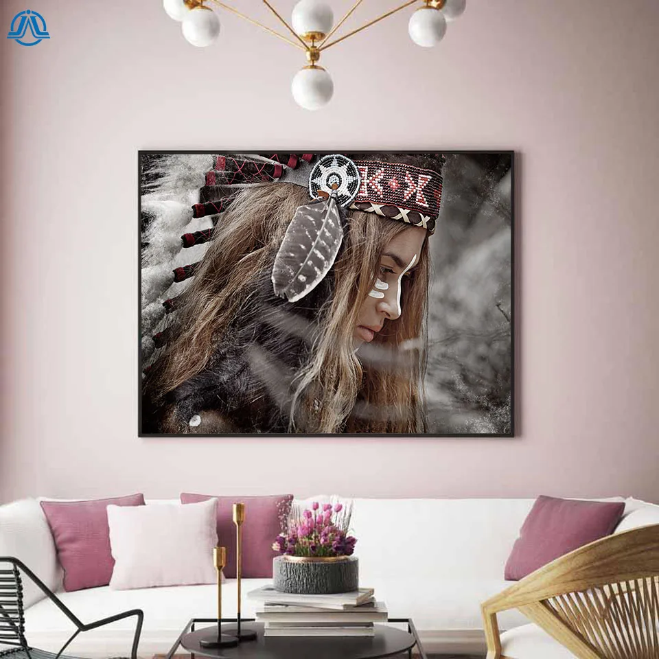 

Native American Indian Girl Feathered Posters and Prints Art Canvas Painting Wall Pictures for Living Room Nordic Home Decor
