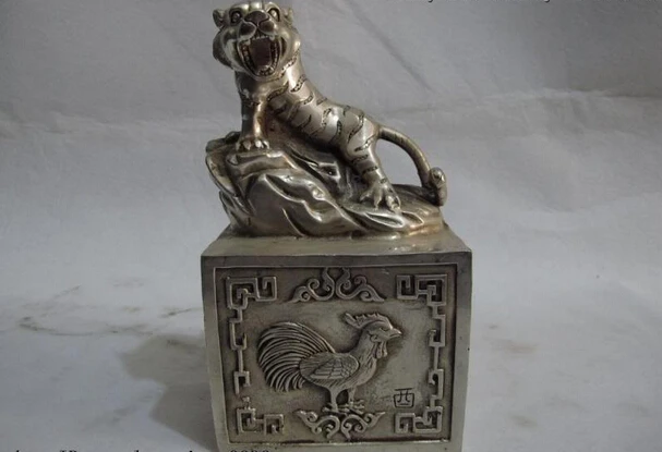 

Collectible bronze lion statue S0768 7 Chinese White Copper Silver Royal Palace Zodiac Tiger Seal Stamp emperor seal B0403