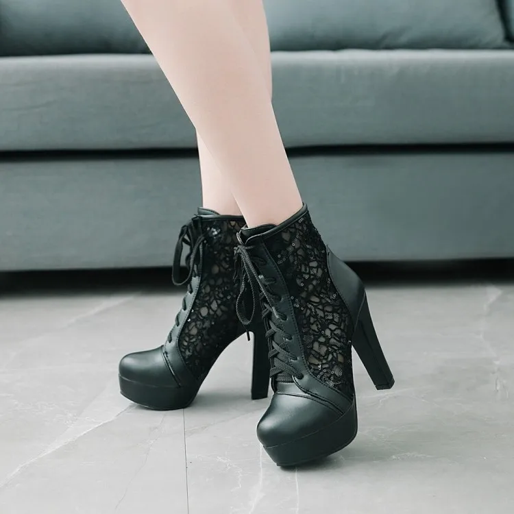 

Big Size 11 12 13 14 15 Spring and Autumn Martin boots hollow mesh boots tie super high heel waterproof platform