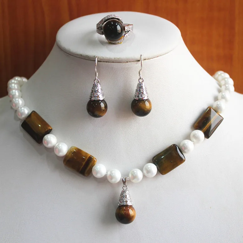 

Hot selling> party! Wholesale Women's 8mm white pearl mixed tiger eye stone Necklace earring ring(7/8/9) set #227 -Bride jewelry
