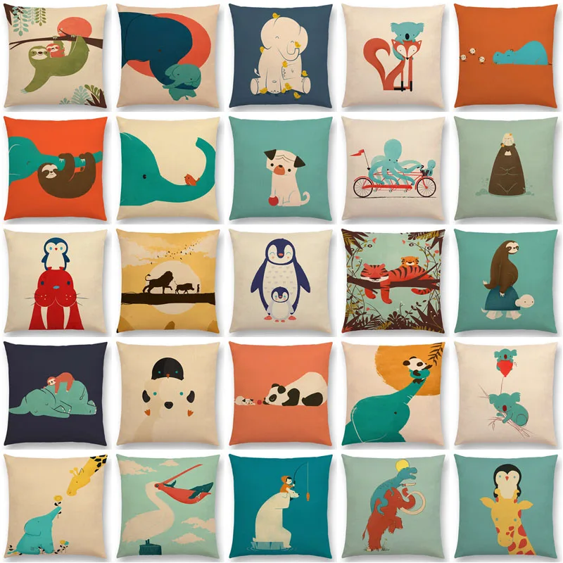 

Latest Cartoon Animals Elephant Lion Tiger Sloth Penguin Shark Dog Whale Troll Bird Cushion Cover Car Sofa Throw Pillow Case