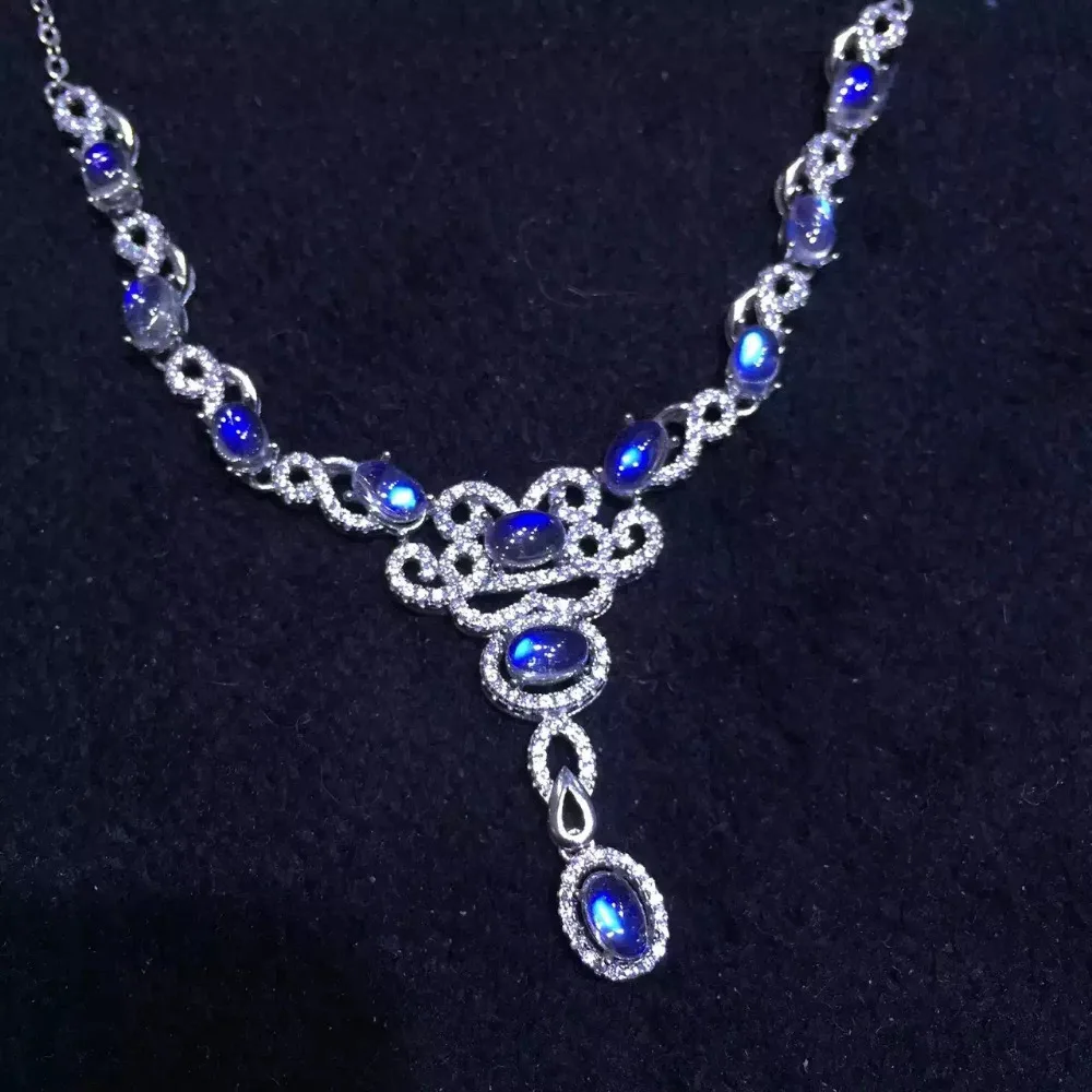 

Natural blue moonstone Necklace natural gemstone Pendant Necklace S925 Sterling silver trendy Flowers women party Jewelry