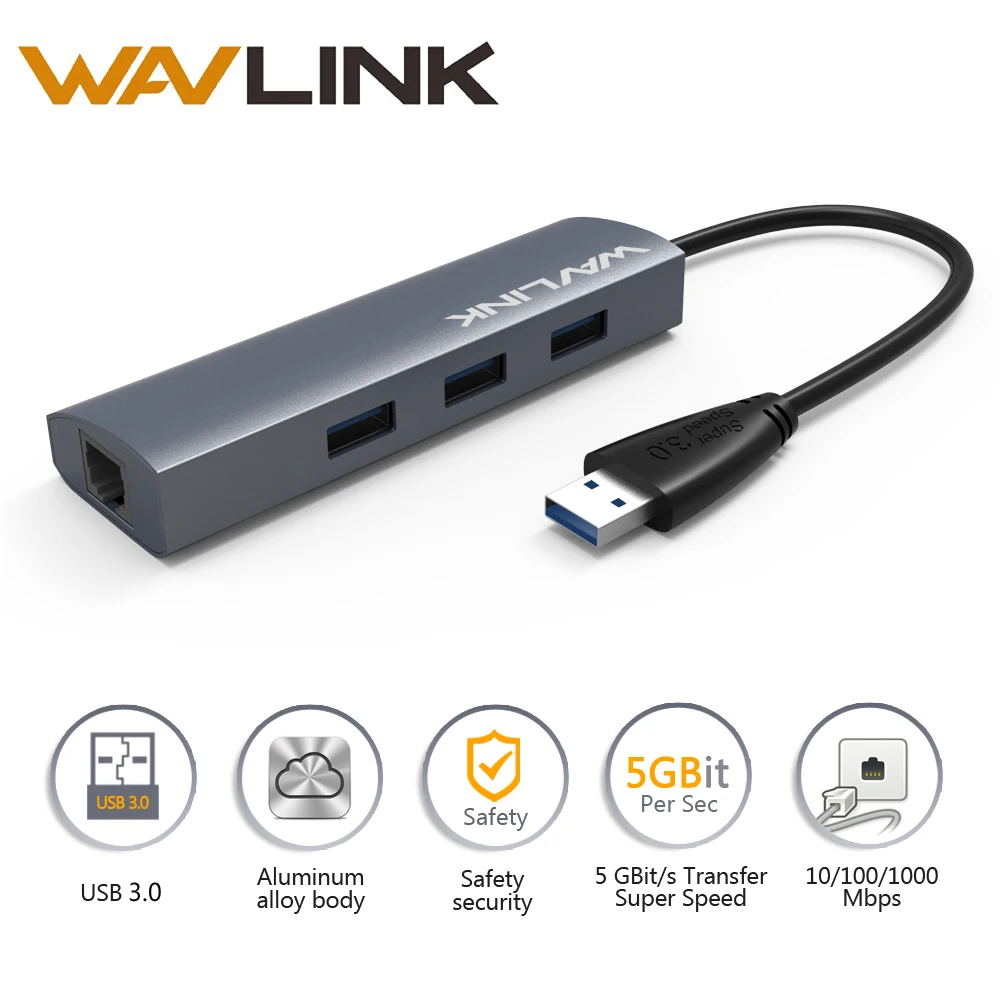 Wavlink 3 Port USB Hub 3.0 čtečka karet RJ-45 Gigabit Ethernet USB 3.0 Hub adaptér Hliník pro USB zařízení pro Windows Mac OS