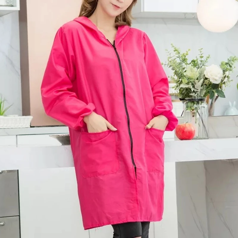 XL solid color long-sleeved men and women waterproof and oil-proof overalls protective clothing adult smock zipper kitchen apron
