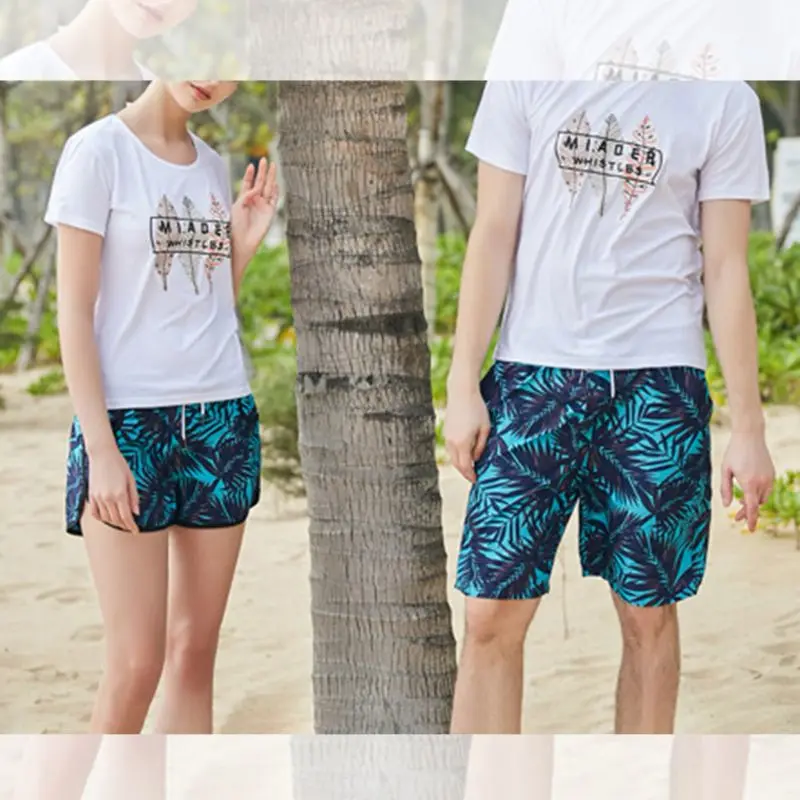 

Men Women Couples Swimwear Beach Shorts Summer Coconut Tree Leaves Print Surfing Swim Trunks Drawstring Boardshorts With Pockets