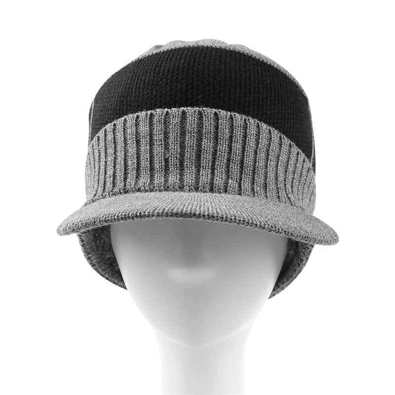 Warm Winter Men Hat Knit Cable Visor Male Beanie Fleece Lining Patchwork Beanie Stripe Newsboy Cap Outdoor Sport Adult Hat  (32)