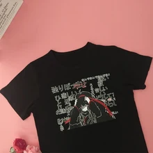 Милая свободная футболка с изображением темных японских персонажей; летняя хлопковая Футболка; Модная Повседневная футболка с короткими рукавами; цвет черный, белый