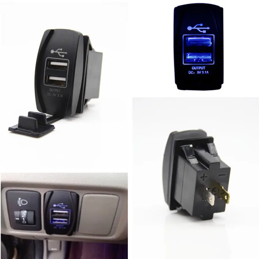 

Universal Car Switch Charger Socket Waterproof Dual Ports Blue LED Light Dual USB Jack Power Charger DC12V 24V 3.1A