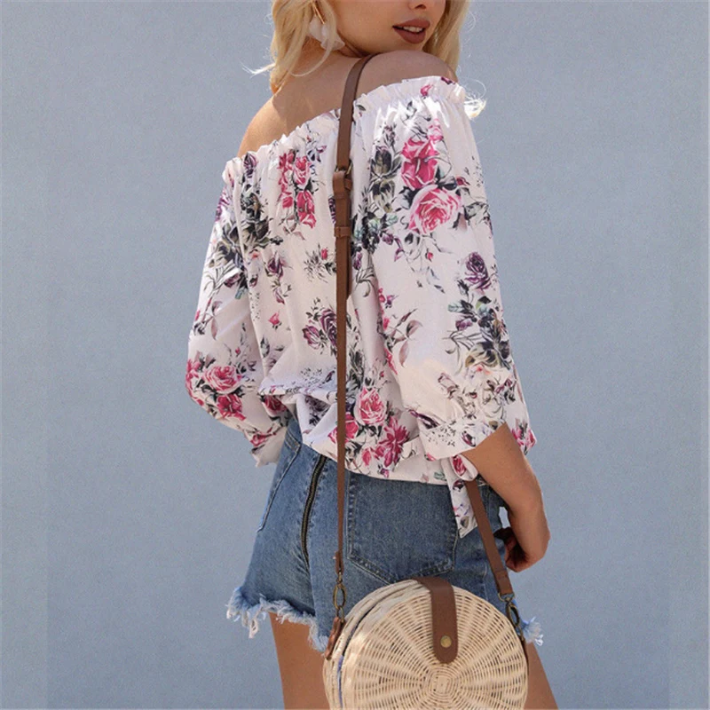 Women Off Shoulder elegant Floral Shirt Casual Blouse Tops Fashion Summer Top Long Sleeve Shirt Harajuku Printed Blusa Feminina