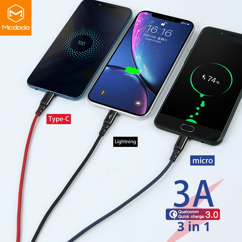 Mcdodo 3 في 1 كابل يو اس بي للهاتف المحمول المصغّر usb نوع C كابل الشاحن ل فون سامسونج كابل شحن مايكرو شاحن يو اس بي الحبل