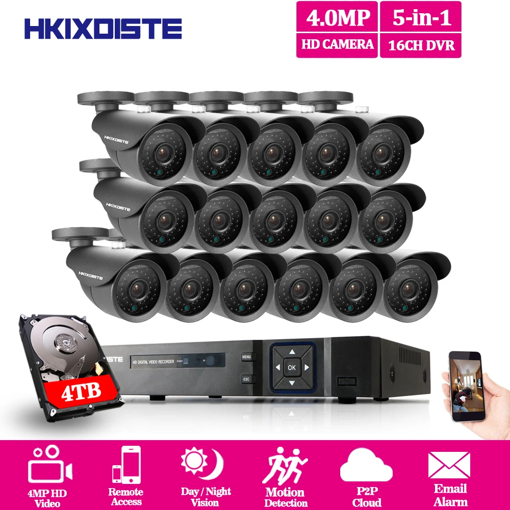 

Home 16CH CCTV Surveillance System 4MP AHD DVR 16PCS CCTV Cameras 4.0 Megapixels Enhanced IR Security Camera System with 4TB HDD