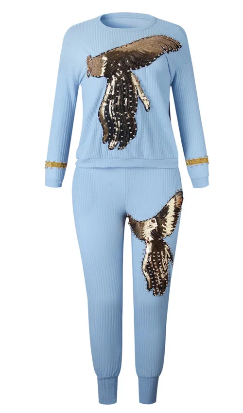 Tilapia, модный топ с блестками и штаны, два предмета, Однотонный женский комплект, 2в1, повседневный черный эластичный свободный костюм - Цвет: light blue