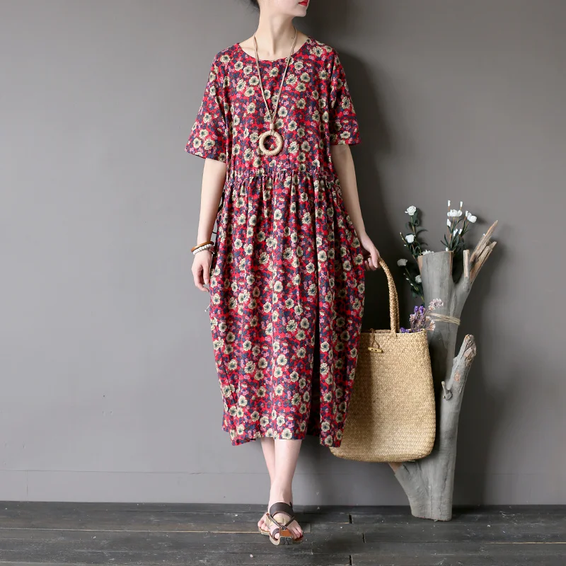 Johnature женщин новое летнее винтажное платье из хлопка и льна тонкое дышащее удобное платье с цветочным принтом и круглым вырезом