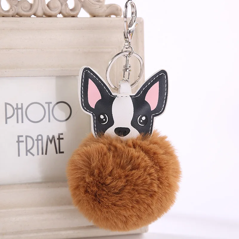 Cute Bulldog Dog Keychains Charm Pompom Key Chain Rabbit Fur Ball Porte