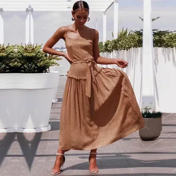 

yinlinhe Yellow Long Maxi Dress Women Backless Bohemian Beach Summer Dress Sleeveless Striped Loose Boho Ruffles Vestido 944