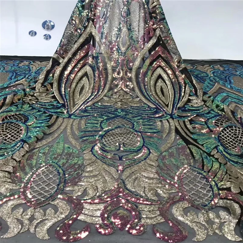

African Lace Fabric 2019 gold green High Quality Lace Sequins Fabric French Nigerian Lace Fabric 3d Embroidery Wedding Lace