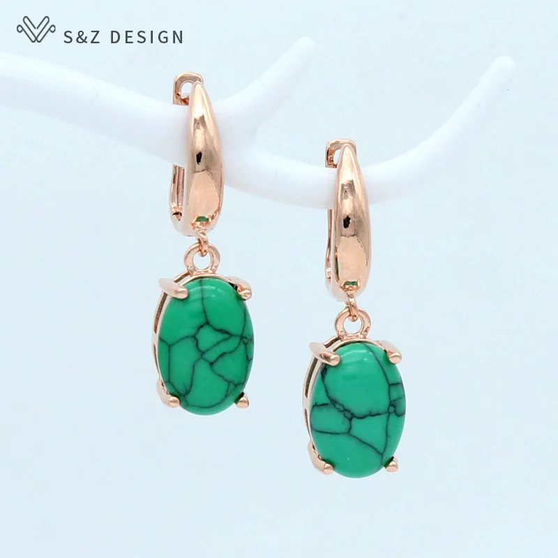 S&Z DESIGN New Classic Oval Egg Shape Synthetic Turquoises Dangle Earrings For Women Vintage 585 Rose Gold Color Trendy Jewelry