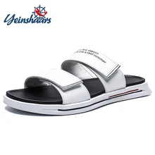 YEINSHAARS/ летние мужские черно-белые Тапочки; кожаная повседневная мужская обувь; пляжные шлепанцы на липучке; Летние вьетнамки