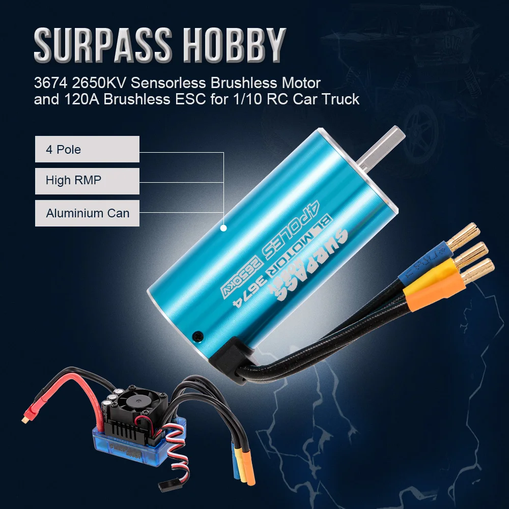 

3674 2650KV RC Car Sensorless Brushless Motor 120A Brushless ESC for 1:10 1:8 RC Car RC Truck RC Toys Parts