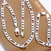 Высокое качество 925 штампованный посеребренный мужской модный ювелирный набор 8 мм плоская Фигаро цепочка ожерелье и браслет 2 шт набор мужской bijoux