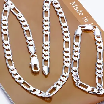 

High quality 925 stamped silver plated Men's fashion jewelry set 8MM Flat Figaro chain Necklace&Bracelet 2 piece set male bijoux