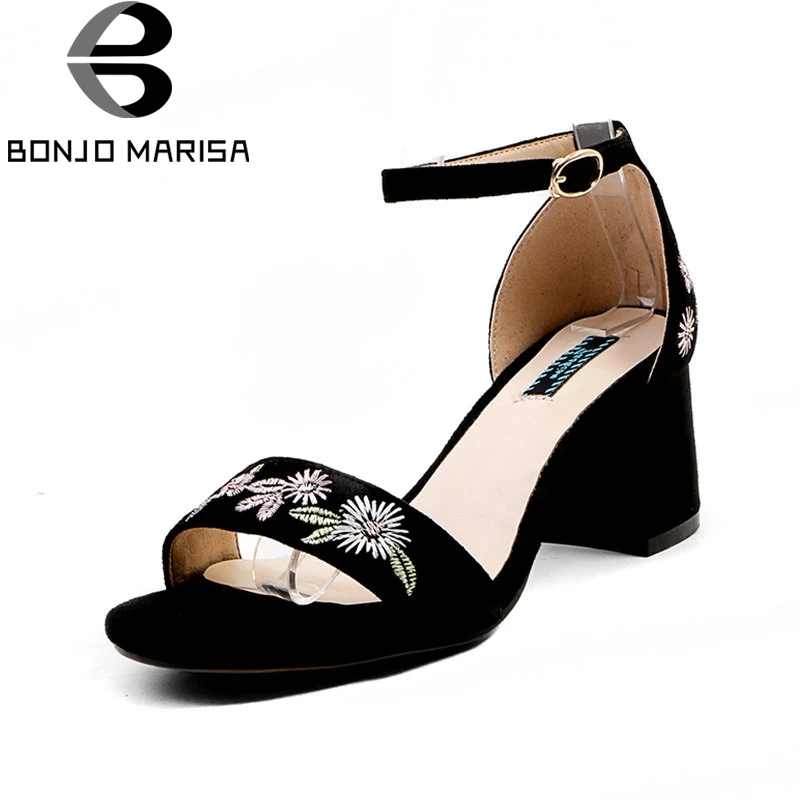 

BONJOMARISA 2019 Summer Brand Quality Natural Suede Women Sandals Ethnic Embroider High Heels Shoes Woman Concise Footwear