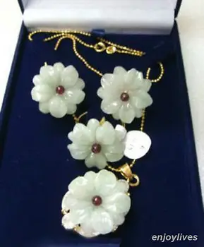 

fine Lovely Wonderful Natural Light Green stone Flower Golden Pendant Necklace Earrings Ring gem women's jewelry s