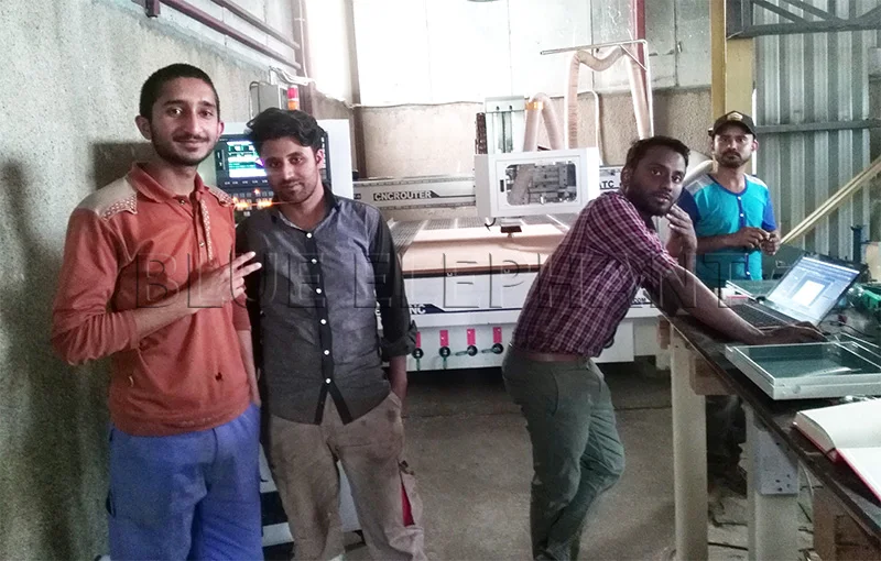four passionate friends in customer's factory