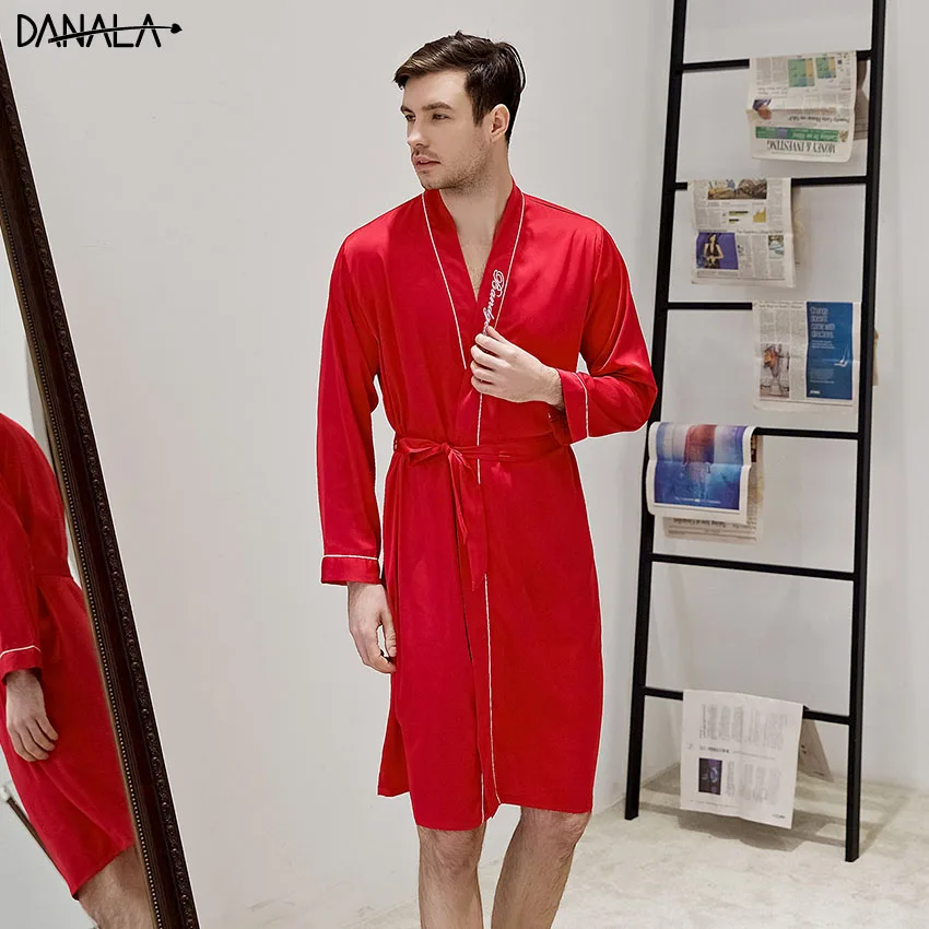 DANALA Silk Satin Men Sleepwear Robe Solid Refreshing Vogue Simple Long Men Nightwear Robe Home Wear For Male Blue Color DANALA Silk Satin Men Sleepwear Robe Solid Refreshing Vogue Simple Long Men Nightwear Robe Home Wear For Male Blue Color