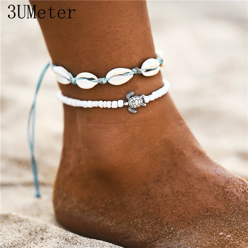

2019 Boho Ocean Beach Adjustable String Macrame Mussel Sea Shell Cowrie Ankle Bracelet White Beads Turtle Anklets for Women Gift